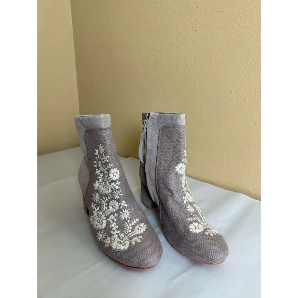 TOMS Evie Embroidered Heritage Canvas and Suede Booties SZ W8